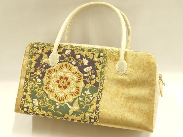 平和屋着物●和装小物 和装バッグ ハンドバッグ 利休バッグ 花鳥文 花喰い鳥 金糸 帯地使用 逸品 AABH6754ay