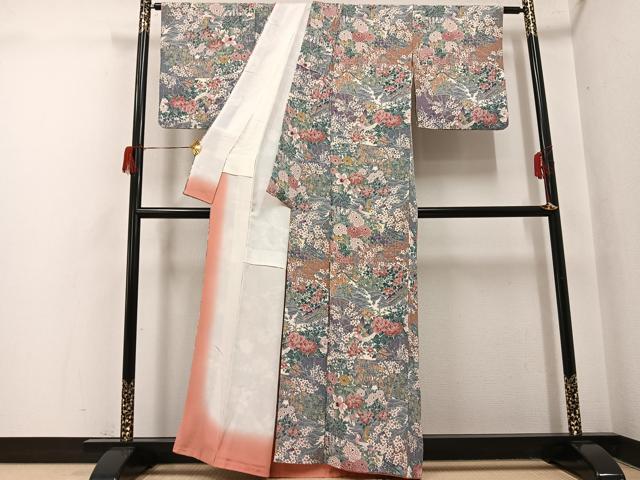 平和屋着物●上質な小紋 友禅 花鳥文 鬼しぼ縮緬 正絹 逸品 AABH6803ph