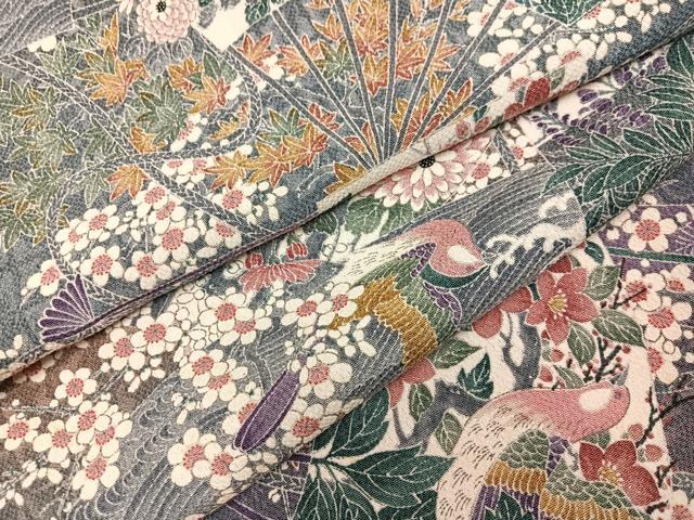 平和屋着物●上質な小紋 友禅 花鳥文 鬼しぼ縮緬 正絹 逸品 AABH6803ph