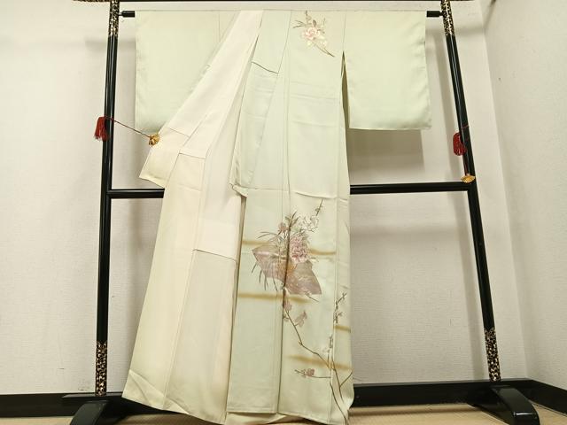 平和屋着物●訪問着 地紙枝花文 宝彩友仙 金銀彩 反端付き 正絹 逸品 未使用 AABH6824ph