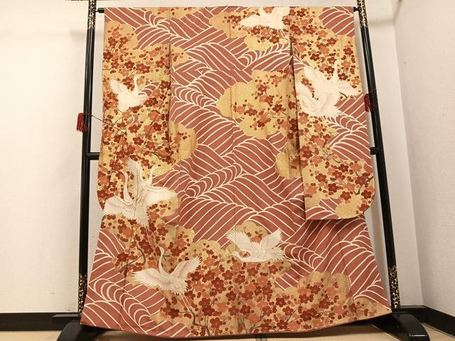 平和屋着物●豪華振袖 友禅 作家物 駒刺繍 群鶴立波梅文 金彩 正絹 逸品 AABH6827ph