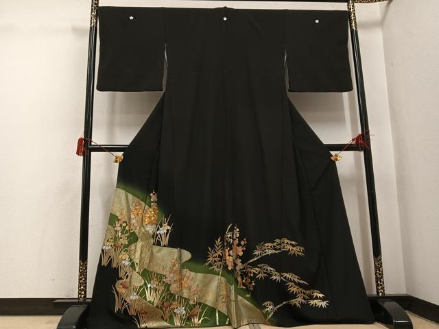 平和屋着物●豪華黒留袖 駒刺繍 流水草花文 金銀彩 正絹 逸品 AABH6828ph