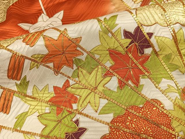 平和屋着物●豪華振袖 駒刺繍 檜扇花文 金彩 正絹 逸品 AABH6829ph