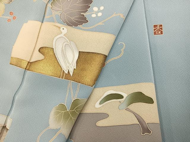 平和屋着物●訪問着 友禅 作家物 破れ色紙蔦の葉 鳥 草花 金彩 正絹 逸品 AABH6858ph