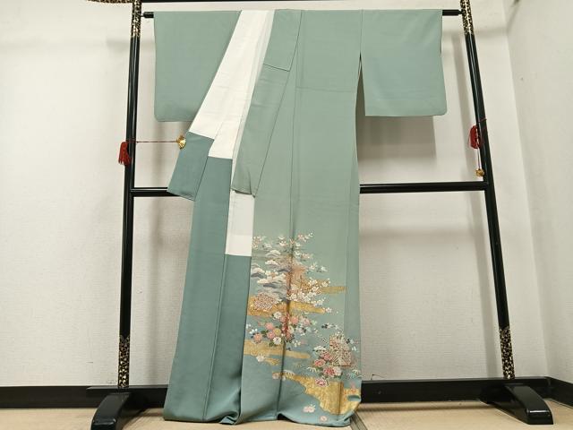 平和屋着物●豪華色留袖 友禅 駒刺繍 松竹梅 風景扇面草花文 暈し染め 金彩 正絹 逸品 AABH6861ph