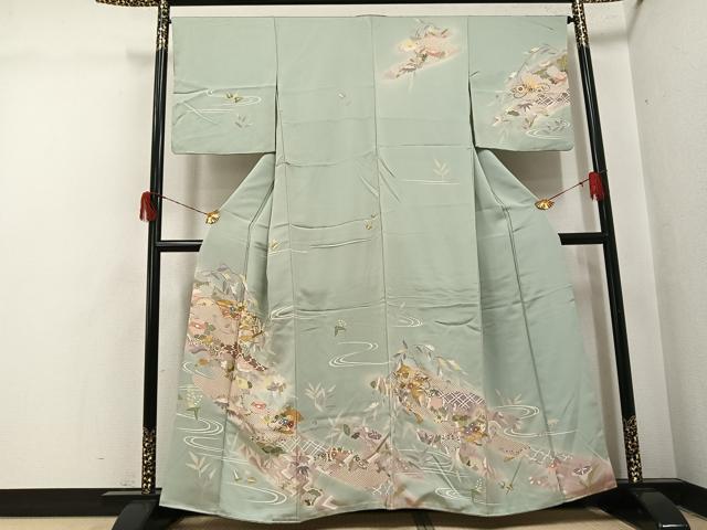 平和屋着物●創業460年・千總 訪問着 友禅 駒刺繍 流水草花文 暈し染め 金彩 正絹 逸品 AABH6894ph