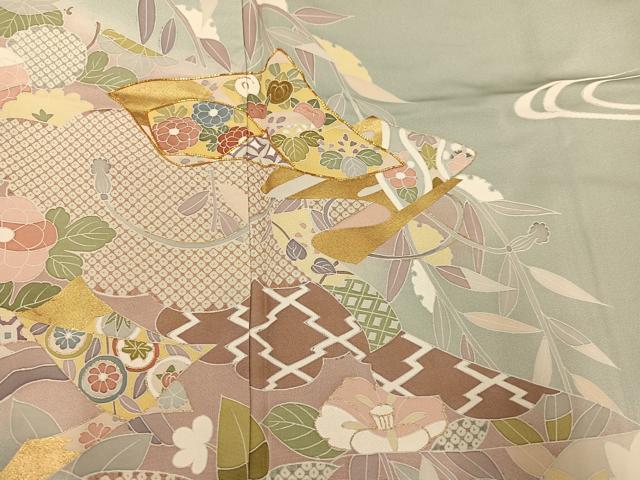 平和屋着物●創業460年・千總 訪問着 友禅 駒刺繍 流水草花文 暈し染め 金彩 正絹 逸品 AABH6894ph
