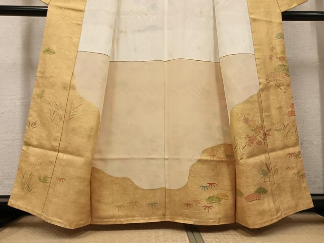 平和屋着物●訪問着 駒刺繍 御所車草花文 金彩 摺り剥がし 正絹 逸品 AABH6954ph