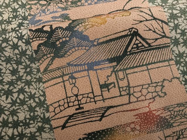 平和屋着物●人間国宝・南部芳松の息子 伝統工芸伝承者彫刻・南部幸雄 型染 訪問着 風景文 鬼しぼ縮緬 正絹 逸品 AABH6957ph
