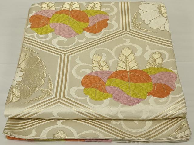 平和屋着物◎六通柄袋帯 唐織 亀甲花文 金糸 正絹 逸品 AABH6999ou