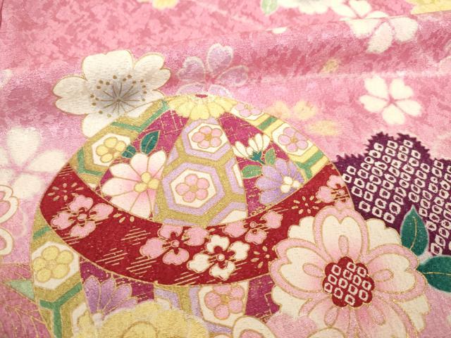 平和屋着物●豪華振袖 駒刺繍 花毬文 暈し染め 金通し地 ロング丈 正絹 逸品 AABH7007ck