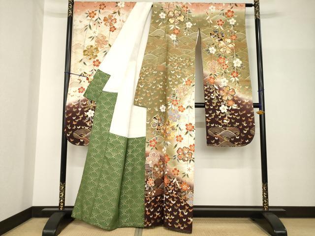 平和屋着物●豪華振袖 駒刺繍 枝垂れ桜文 暈し染め 正絹 逸品 未使用 AABH7010ck
