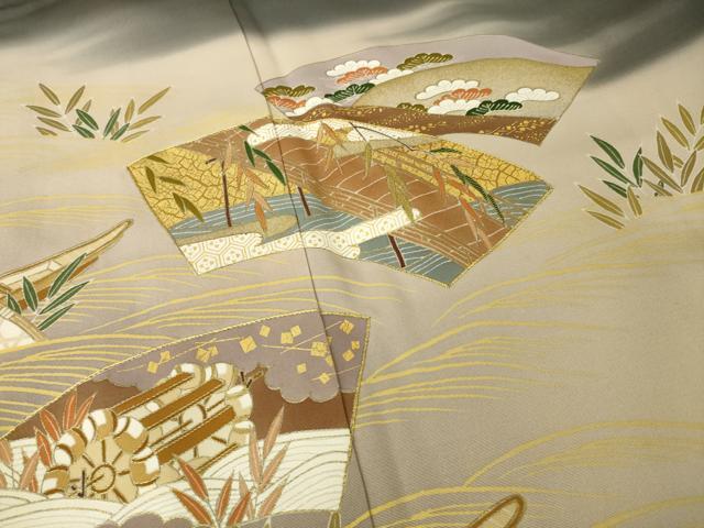 平和屋着物●創業460年・千總 色留袖 友禅 刺繍 地紙風景文 暈し染め 金彩 三越扱い 正絹 逸品 未使用 AABH7034ck