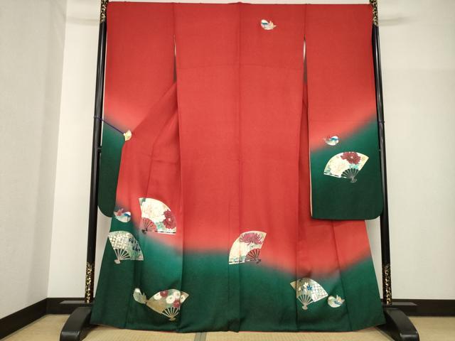 平和屋着物●豪華振袖 扇面鴛鴦花文 暈し染め 金彩 金通し地 正絹 逸品 AABH7078ck
