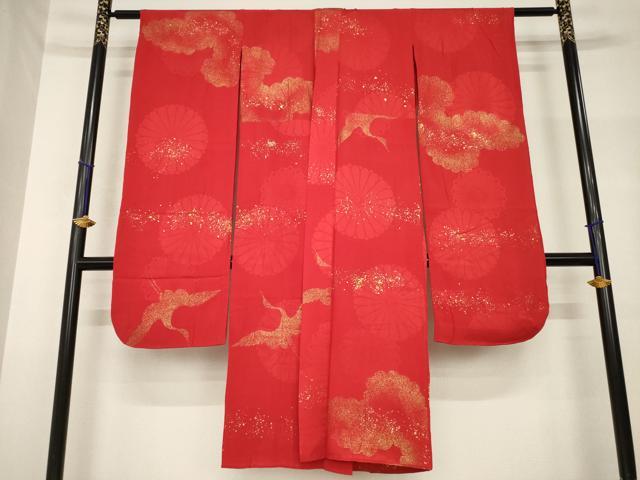 平和屋着物○アンティーク 大正ロマン 振袖用長襦袢 袷 飛鶴花文 金彩