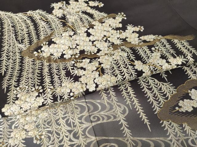 平和屋着物●訪問着 総刺繍 流水枝垂れ桜文 金糸 正絹 逸品 AABH7114ck