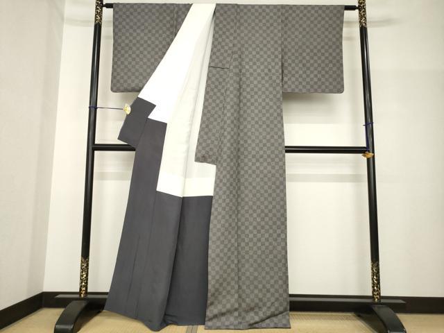 平和屋着物●江戸小紋 市松鮫小紋柄 黒地 正絹 逸品 AABH7116ck