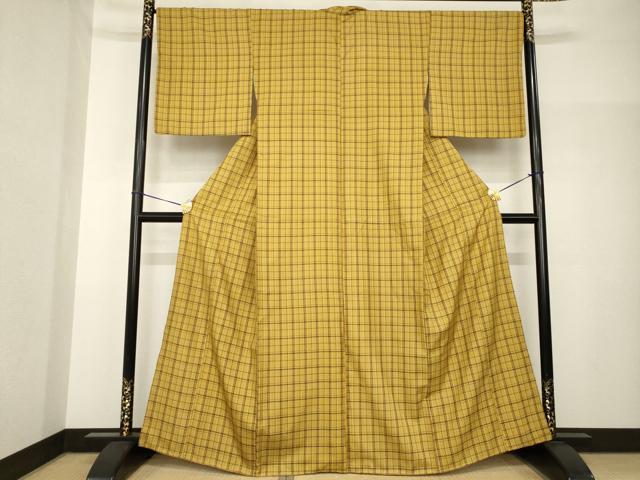 平和屋着物●黄八丈 紬 格子 市松綾織 正絹 逸品 AABH7120ck