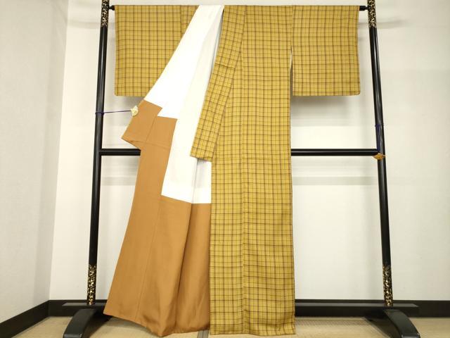 平和屋着物●黄八丈 紬 格子 市松綾織 正絹 逸品 AABH7120ck