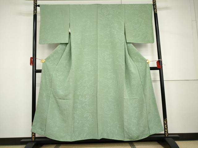 平和屋着物●上質な色無地 立波地紋 山葵色 正絹 逸品 未使用 AABH7170cs