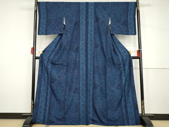 平和屋着物●上質な小紋 藍 更紗花唐草文 正絹 逸品 AABH7172cs