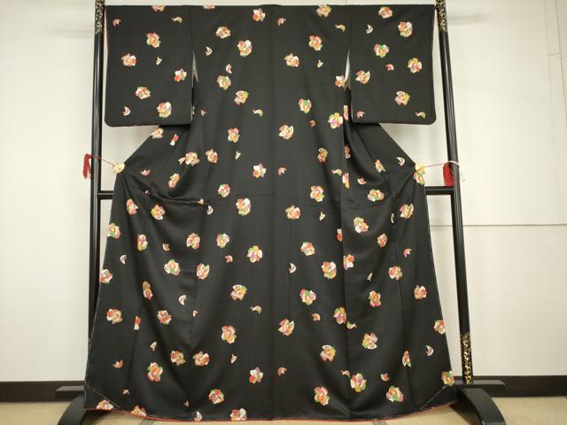 平和屋着物●上質な小紋　舞花文　黒地　金彩　正絹　逸品　AABH7175cs 平和屋着物○上質な小紋 舞花文 黒地 金彩 正絹 逸品 AABH7175cs