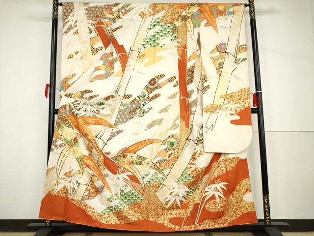 平和屋着物●豪華振袖　駒刺繍　笹竹吉祥文　金彩　金通し地　正絹　逸品　AABH7191cs 平和屋着物○豪華振袖 駒刺繍 笹竹吉祥文 金彩 金通し地 正絹 逸品