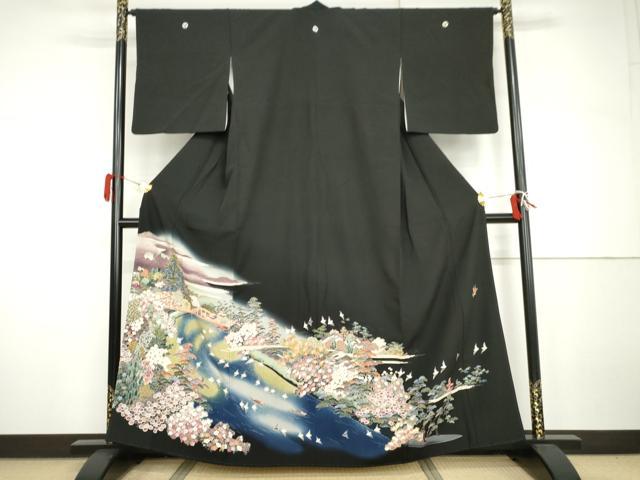 平和屋着物●豪華黒留袖 友禅 作家物 飛鳥梅風景花文 暈し染め やまと誂製 正絹 逸品 AABH7193cs