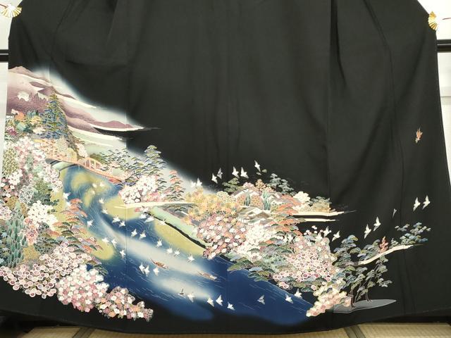 平和屋着物●豪華黒留袖 友禅 作家物 飛鳥梅風景花文 暈し染め やまと誂製 正絹 逸品 AABH7193cs