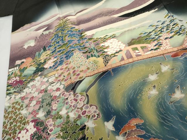 平和屋着物●豪華黒留袖 友禅 作家物 飛鳥梅風景花文 暈し染め やまと誂製 正絹 逸品 AABH7193cs