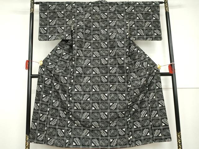 平和屋着物●上質な紬 格子 黒地 正絹 逸品 AABH7198cs