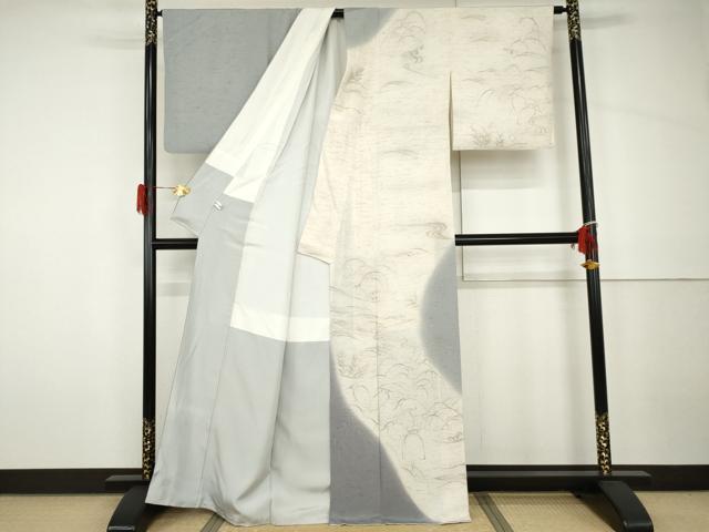平和屋着物●創業明治元年、京の老舗【小糸染芸】 小糸敏夫 訪問着 ぜんまい紬 シロサギ 暈し染め 正絹 逸品 AABH7232cs