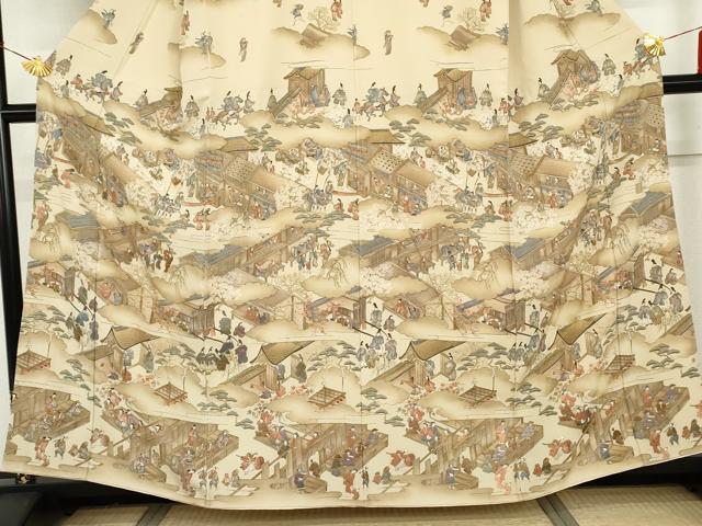 平和屋着物●摺友禅 横塚賢治 訪問着 刺繍 人物風景文 暈し染め 金彩 正絹 逸品 AABH7241cs