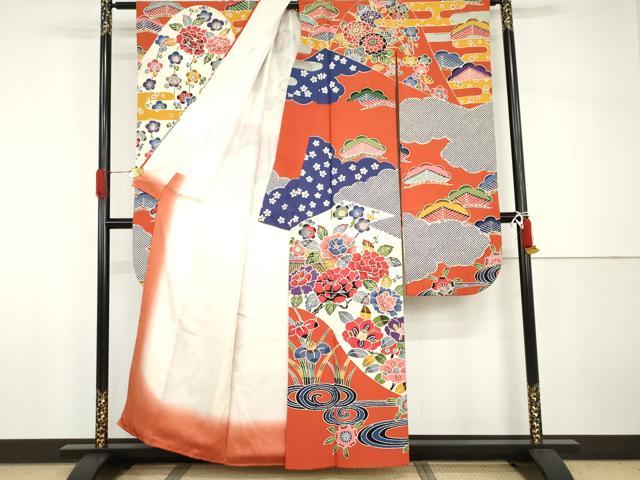 平和屋着物●豪華振袖 紅型 梅松風景文 正絹 逸品 AABH7274cs