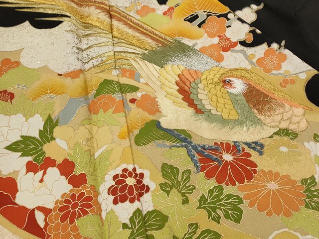 平和屋着物■豪華黒留袖 刺繍 花鳥文 暈し染め 金銀糸 金彩 正絹 逸品 AABH7383st