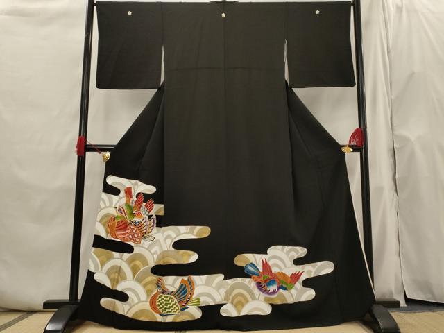 平和屋着物■豪華黒留袖 駒刺繍 群れ鳥 金彩 正絹 逸品 AABH7384st