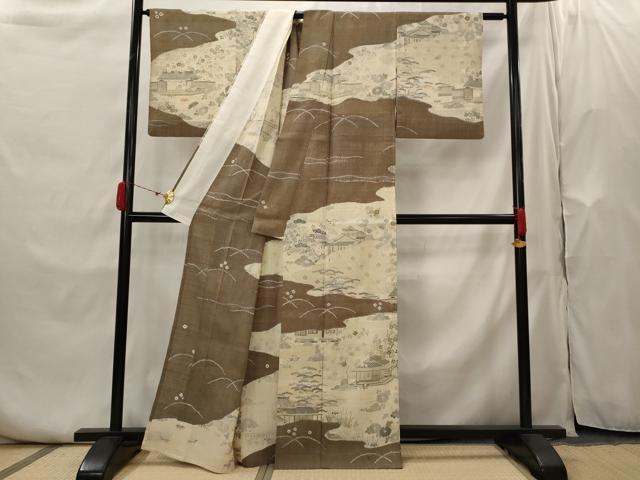 平和屋着物▽染織の名門 しょうざん 生紬 訪問着 単衣 風景花文 金彩 正絹 逸品 AABH7451st