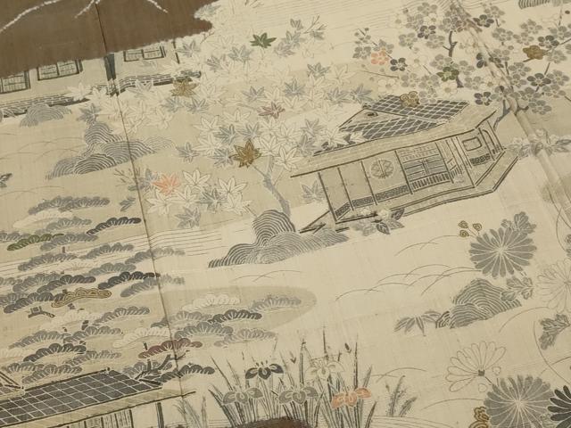 平和屋着物▽染織の名門 しょうざん 生紬 訪問着 単衣 風景花文 金彩 正絹 逸品 AABH7451st