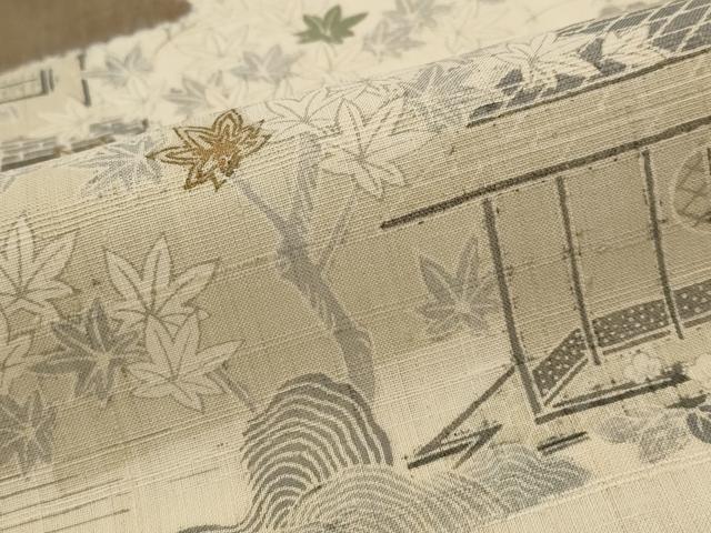 平和屋着物▽染織の名門 しょうざん 生紬 訪問着 単衣 風景花文 金彩 正絹 逸品 AABH7451st