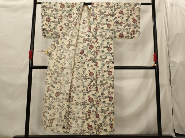 平和屋着物▽上質な小紋 単衣 紬地 花鳥文 正絹 逸品 AABH7470st