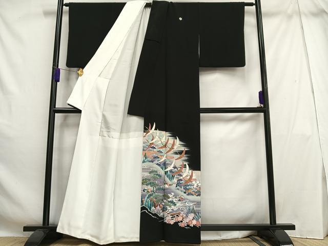 平和屋着物■豪華黒留袖 作家物 鴛鴦飛鶴花松文 暈し染め 金彩 正絹 逸品 AABH7509oa