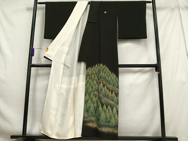 平和屋着物■豪華黒留袖 手描き 樹林文 金銀彩 正絹 逸品 AABH7554oa