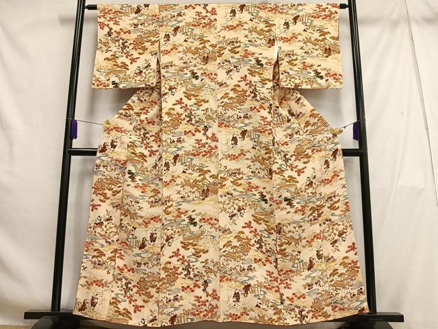 平和屋着物■上質な小紋 人物風景花文 金彩 鬼しぼ縮緬 正絹 逸品 AABH7559oa