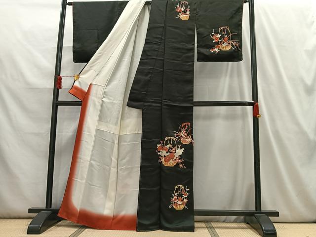 平和屋着物■訪問着 友禅 駒刺繍 花籠文 黒地 金彩 正絹 逸品 AABH7576oa