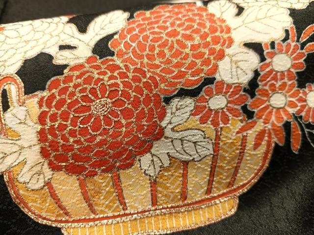 平和屋着物■訪問着 友禅 駒刺繍 花籠文 黒地 金彩 正絹 逸品 AABH7576oa