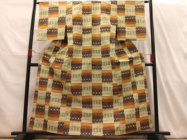 平和屋着物■上質な紬 変わり市松文様 正絹 逸品 AABH7577oa