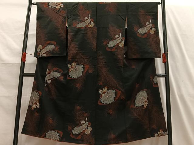 平和屋着物■上質な小紋 寿光織 孔雀花文 黒地 金糸 正絹 逸品 AABH7583oa