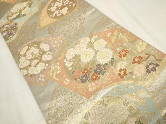 平和屋着物▼六通柄袋帯 扇面取四季花文 金銀糸 正絹 逸品 AABH7712wj