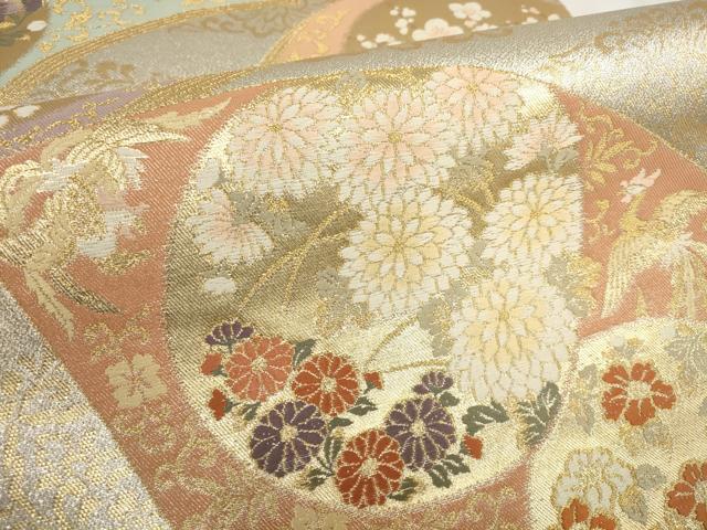 平和屋着物▼六通柄袋帯 扇面取四季花文 金銀糸 正絹 逸品 AABH7712wj