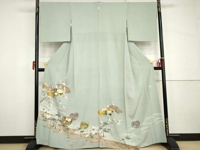 平和屋着物●豪華色留袖 友禅 作家物 駒刺繍 地紙花松文 金彩 正絹 逸品 AABH7790cs